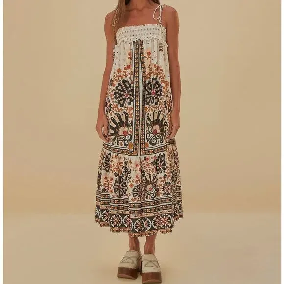 Farm Rio | Flower Fan Tapestry Off-White Midi Dress - Picture 1 of 5
